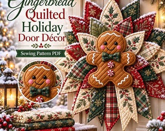 May include: A quilted fabric door decoration featuring a central gingerbread person with a green bowtie and two peppermint buttons, surrounded by layered, star-shaped fabric petals in red, green, and cream with snowflake and holly prints.