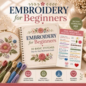 Hand Embroidery for Beginners Guide – 18 Basic Stitches, Practice Sheets (PDF Download)