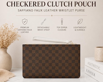 Chocolate Brown Checkered Clutch Pouch | Saffiano Faux Leather Wristlet Purse