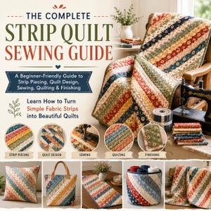 Könnte beinhalten: Ein Buch mit dem Titel The Complete Strip Quilt Sewing Guide, das einen floralen Quilt auf einem Stuhl zeigt. Das Cover enthält Text, eine Nähmaschine und verschiedene Projekte wie ein Kissen, eine Tasche, einen Tischläufer und einen Korb.