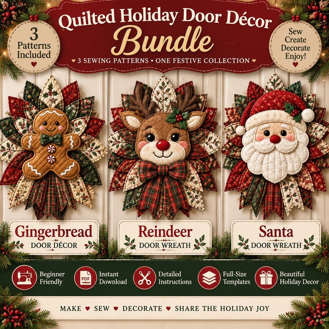 Holiday Quilted Door Wreath Bundle | Gingerbread, Reindeer, Santa ...