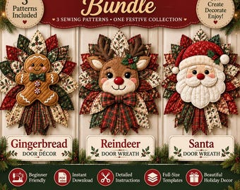 Könnte beinhalten: Ein Set aus gesteppten Türdekorationen mit drei Nähanleitungen für einen Lebkuchenmann, ein Rentier und den Weihnachtsmann. Jede Figur ist von einem gesteppten Stoffkranz mit festlichen Mustern in Rot, Grün und Creme umgeben.