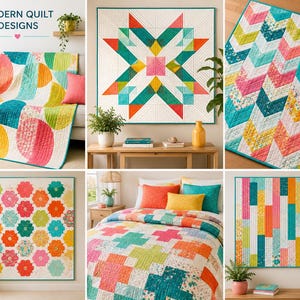May include: A collection of six quilts featuring modern designs with vibrant color palettes including teal, coral, yellow, and white. The patterns include geometric shapes, chevron stripes, floral prints, and cross motifs, all showcasing intricate stitching.