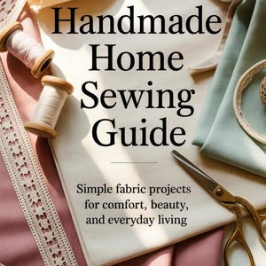 Peut inclure: Une couverture de livre intitulée "The Handmade Home Sewing Guide" avec du texte et des projets de couture. L'image comprend des bobines de fil, du tissu, des ciseaux et une garniture en dentelle. Le texte se lit comme suit : "Simple fabric projects for comfort, beauty, and everyday living."