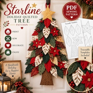 Może przedstawiać: Wzór krawiecki Starline Holiday Quilted Tree przedstawiający wiszącą na ścianie choinkę wykonaną z warstwowych liści z tkaniny w kolorach czerwonym, zielonym i kremowym. Drzewko zwieńczone jest złotą gwiazdą i czerwonymi poinsecjami.