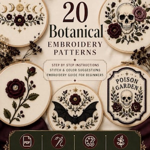 Könnte beinhalten: Eine Sammlung von 20 botanischen Stickmustern mit fünf runden Holzrahmen, die Designs wie Mondphasen, einen Totenkopf mit Rosen, eine einzelne Blume, eine Fledermaus und ein Poison Garden-Schild mit Totenkopf und Blumen zeigen.