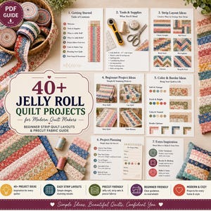 May include: A digital PDF guide titled 40+ Jelly Roll Quilt Projects for Modern Quilt Makers, featuring seven instructional pages with sewing tools, fabric strips, and quilt layout diagrams. The guide includes sections on tools, supplies, and project planning.