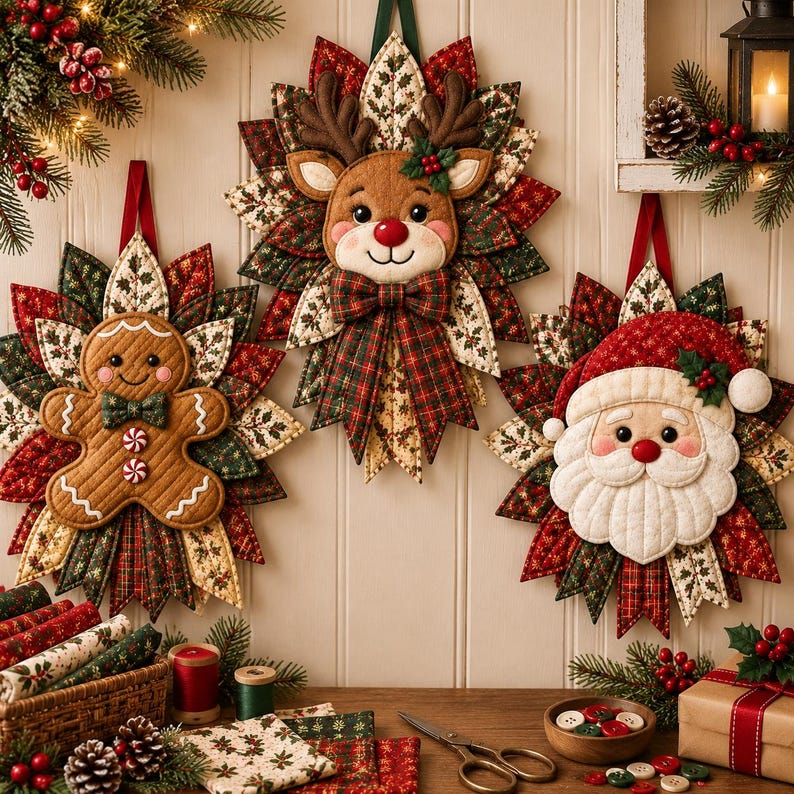 Holiday Quilted Door Wreath Bundle | Gingerbread, Reindeer, Santa ...