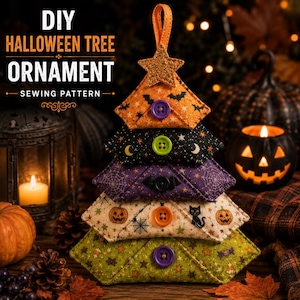 May include: A fabric Christmas tree-shaped ornament made of five stacked triangular layers with Halloween-themed prints, including pumpkins, bats, and spiderwebs. Each layer features a colourful button and a glittery star topper with text.
