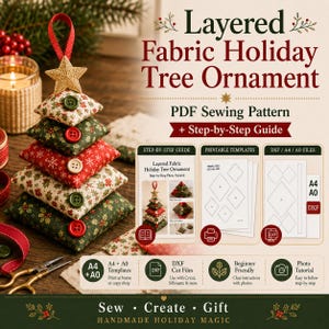 Peut inclure: Un patron de couture PDF pour une décoration de sapin de Noël en tissu superposé. L'image montre une décoration finie en forme de sapin, composée de carrés de tissu rembourrés empilés avec des motifs rouges et verts, surmontée d'une étoile dorée.