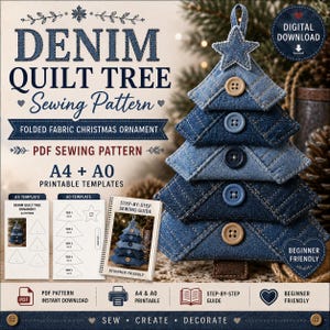 May include: A digital sewing pattern for a denim quilt tree Christmas ornament. The image displays the text DENIM QUILT TREE Sewing Pattern, PDF SEWING PATTERN, A4 + A0, and includes printable templates and a step-by-step sewing guide.