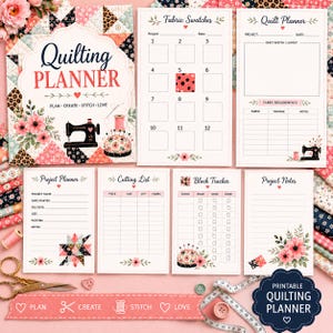 Puede incluir: Un conjunto de planificador de acolchado con una portada de patrones florales y geométricos, una máquina de coser y un alfiletero. Incluye páginas para muestras de tela, planificación de edredones, seguimiento y notas.