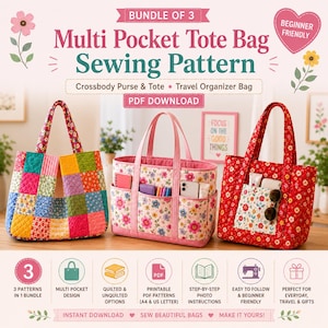 Può includere: Un cartamodello digitale per un set di tre borse tote con tasche multiple. L'immagine mostra tre borse trapuntate con vari motivi floreali e patchwork, insieme a testo che descrive il download in PDF e le istruzioni per principianti.