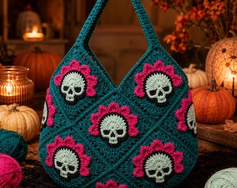 Crowned Skull Granny Square Tote Bag Crochet Pattern, Gothic Halloween Motif (Digital PDF)