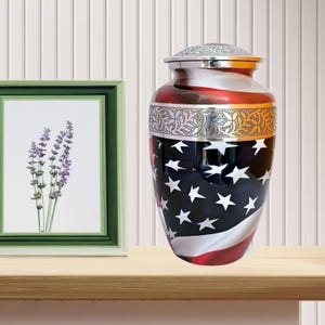 Handcrafted American Flag Cremation Urn for Ashes – Patriotic Funeral Urn, Adult Metal Urn with Stars and Stripes Design With Velvet Box