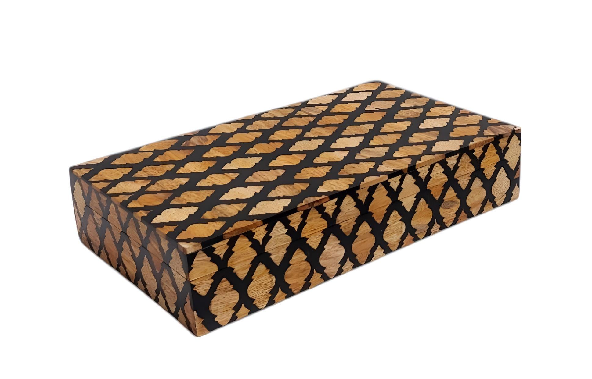 Handmade Bone Inlay Wooden Decorative Box – Black and Natural Leaf Pattern Jewelry Organizer | Wooden Keepsake Box | Indian Artisan Gift