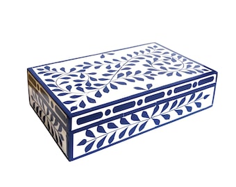 Blue Floral Bone Inlay Jewelry Box – Handmade Indian Decorative Storage Box for Gifts, Gift For Her, Custom Interior Colors No Extra Charges