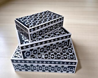 Set Of 3 Black & White Resin Inlay Box – Handmade Decorative Storage Boxes – Indian Jewelry Box Trio – Gift Box Set – Boho Organizer Decor