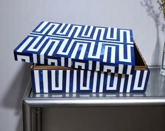 Blue & White Bone Inlay Decorative Jewelry Box, Handcrafted Keepsake Box, Storage Box, Gift For Her, Custom Interior Colors No Extra Charges