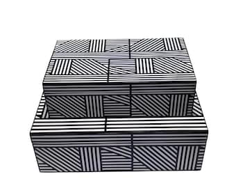 Black & White Bone Inlay Jewelry Box – Handmade Geometric Pattern Box – Decorative Keepsake Organizer – Custom Interior Color Available