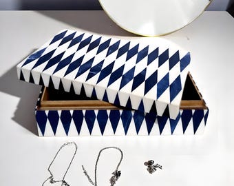 Bone Inlay Decorative Box Set of 2 – Blue & White Diamond Pattern | Handmade Jewelry Storage Boxes | Indian Handcrafted Keepsake Gift Boxes