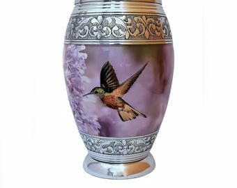 Handcrafted Humming Bird Cremation Urn —Funeral Urn for Human Ashes | Indian Aluminium Memorial Urn, Velvet Box Included