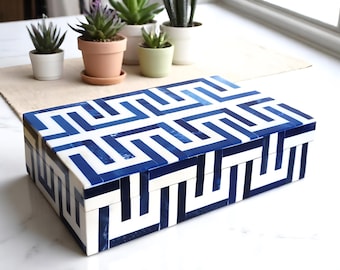 Blue & White Bone Inlay Decorative Box | Geometric Handmade Indian Jewelry Box | Resin Keepsake Organizer | Boho Luxe Home Decor Gift