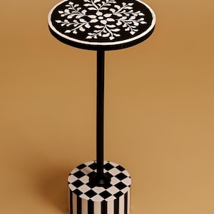 Black White Floral Drink Table – Handmade Round Accent Table – Indian Side Table – Luxury Boho Home Decor -End Table