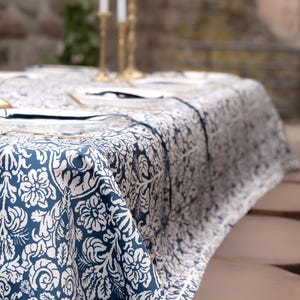 Deep Blue Damask Tablecloth, Wedding Table Linen, Upscale Table Covering, Rich Table Styling for Special Occasions