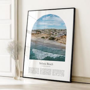 May include: Black framed print featuring a scenic view of Solana Beach, California, under a blue sky. The image is framed by an arch, showcasing the beach, ocean waves, and coastal homes. The text "Solana Beach" is displayed below the image.