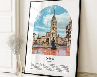 Impresión de póster de Oviedo, póster de viaje de Oviedo, impresión a color personalizada de Oviedo, Asturias, España