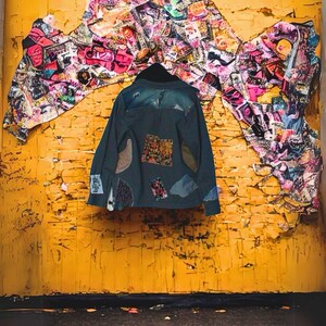 Chaqueta de trabajo con capucha y patchwork • Prendas de abrigo de lona de algodón hechas a mano • Telas artesanales de BJJING