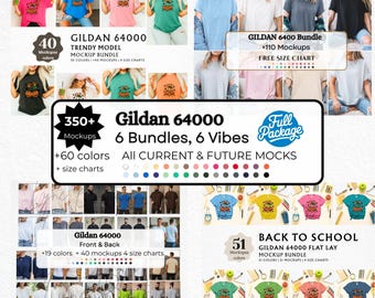 May include: A promotional image showcasing Gildan 64000 t-shirt mockups. The image features various t-shirt designs, including trendy model and flat lay mockups, with multiple color options and size charts. Text includes "6 Bundles, 6 Vibes" and "Back to School".