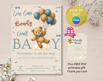 Bär-Babyparty-Einladung, Krawatten-blauer Junge Boho Bär-Babyparty, wir können Bären-Einladung warten, Teddybär-Einladung für Jungen, bearbeitbar in Canva