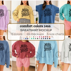 Lot de maquettes Comfort Colors 1466, maquettes simples 1466, maquette de sweat-shirt Comfort Colors, maquette ras du cou légère, tableau des tailles 1466