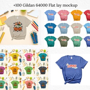 May include: A flat lay mockup featuring various t-shirts in different colors. One shirt displays a Halloween-themed cherry design, while others have "SUMMER" text. The shirts are arranged with school supplies, including pencils and a ruler.