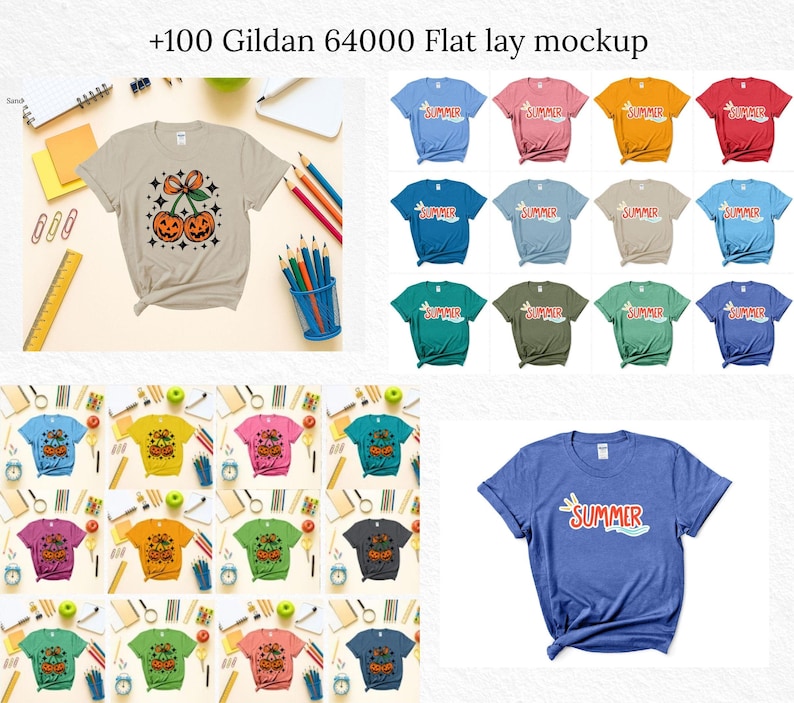 May include: A flat lay mockup featuring various t-shirts in different colors. One shirt displays a Halloween-themed cherry design, while others have "SUMMER" text. The shirts are arranged with school supplies, including pencils and a ruler.