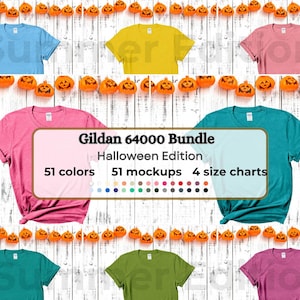 Gildan 64000 Mockup Bundle Halloween | Flatlay G64000 Shirt Mockups + Size Chart | Gildan 64000 T-Shirt Aesthetic Mockup Bundle POD Sellers