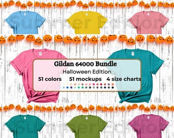 Halloween Gildan 64000 Mockup Bundle: Flatlay T-Shirt Mockups + Size Charts (Digital Download)