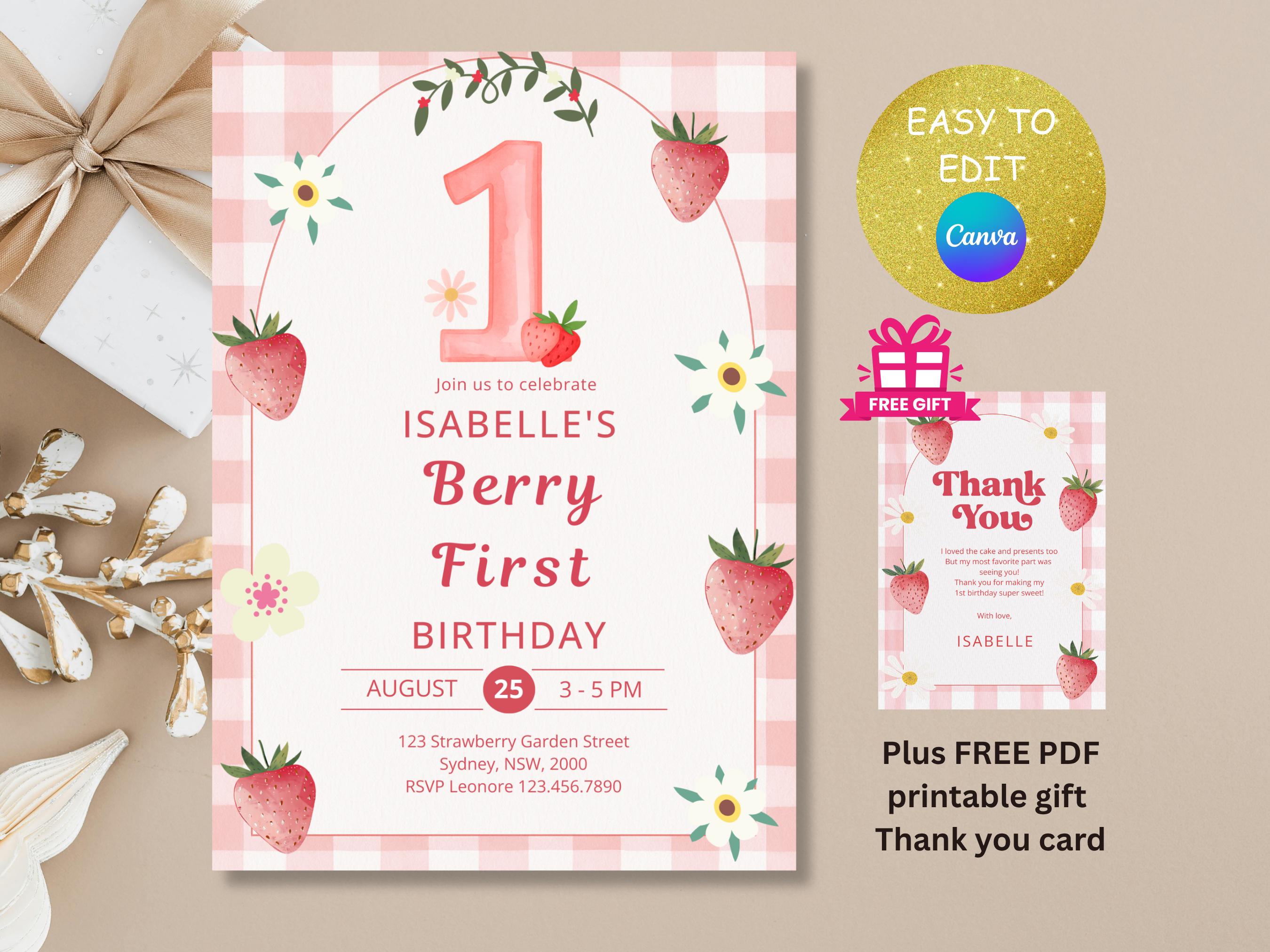 Berry 1st birthday invitation, berry first birthday, strawberry digital invite, Berry Mobile Invite, Birthday Invitation, Canva Editable