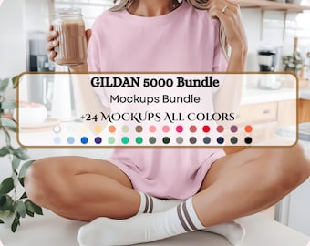 Pacote de mockups Gildan 5000, pacote de mockups de camisetas Gildan para impressão sob demanda, pacote de mockups de vestuário, pacote de mockups Gildan, mockup Gildan verão