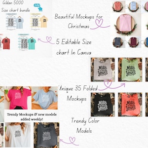 May include: Image featuring mockups of t-shirts and sweatshirts in various colors, with the text "Make it Yours." The image also includes size chart bundles and the text "Beautiful Mockups for Christmas" and "Trendy Mockups & new models added weekly!"