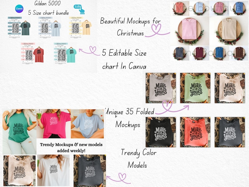May include: Image featuring mockups of t-shirts and sweatshirts in various colors, with the text "Make it Yours." The image also includes size chart bundles and the text "Beautiful Mockups for Christmas" and "Trendy Mockups & new models added weekly!"