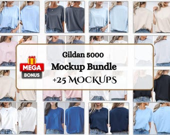 Bundle Gildan 5000 Mockup, Gildan 5000 Front and Back T-Shirt Mockup Bundle, Gildan Bundle Mockups splitview, Gildan Mockup Bundle Instant