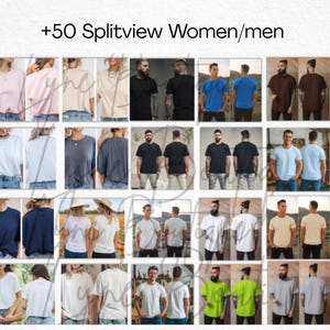 May include: A collage of various t-shirts in different colors and styles. The image includes a variety of models wearing the shirts, showcasing the front and back views. The text "+50 Splitview Women/men" is at the top.