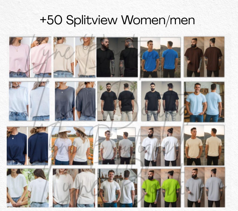 May include: A collage of various t-shirts in different colors and styles. The image includes a variety of models wearing the shirts, showcasing the front and back views. The text "+50 Splitview Women/men" is at the top.