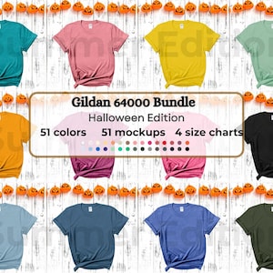 Halloween Gildan 64000 Mockup Bundle | Flatlay G64000 Shirt Mockups + Size Chart | Gildan 64000 T-Shirt Aesthetic Mockup Bundle POD Sellers