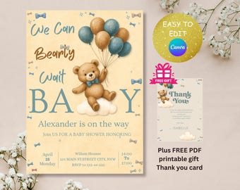 Bär-Babyparty-Einladung, Krawatten-blauer Junge Boho Bär-Babyparty, wir können Bären-Einladung warten, Teddybär-Einladung für Jungen, bearbeitbar in Canva