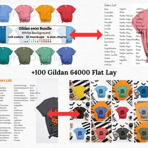 May include: A product image showcasing Gildan 64000 t-shirts in various colors, including blue, red, and green, with a white background. The image also displays a color chart and flat lay examples, offering a wide selection of options for potential customers.