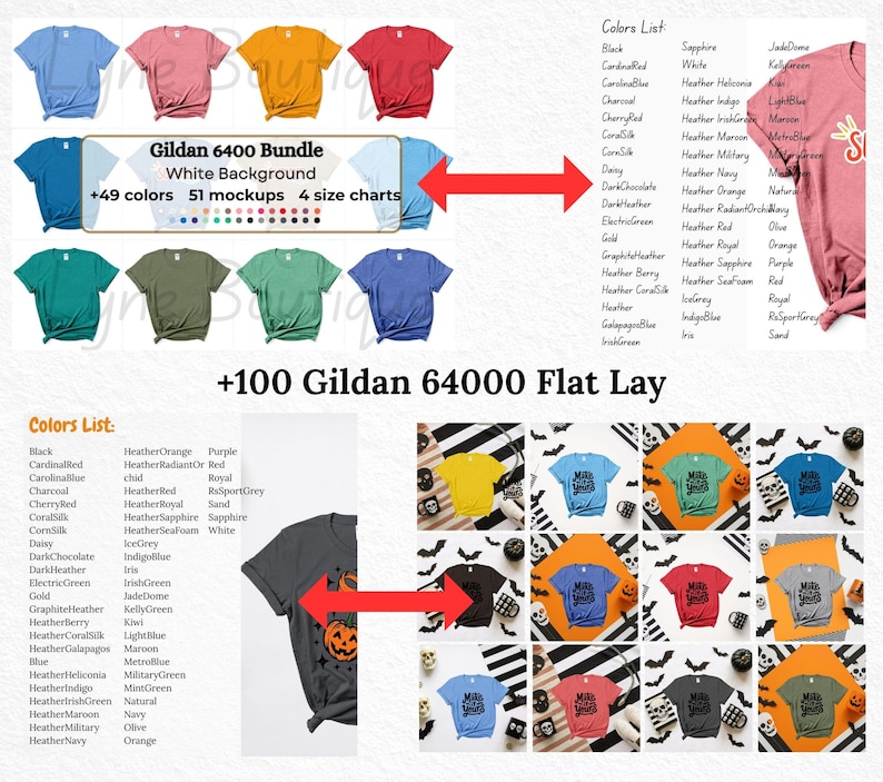 May include: A product image showcasing Gildan 64000 t-shirts in various colors, including blue, red, and green, with a white background. The image also displays a color chart and flat lay examples, offering a wide selection of options for potential customers.